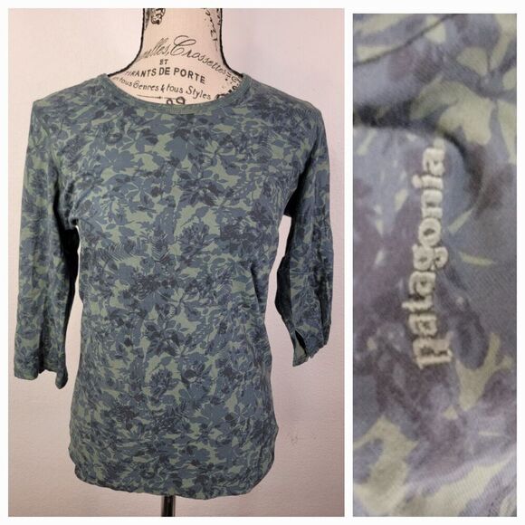 Patagonia Basic Tee Womens XS Pullover Crewneck 3/4 Sleeve Floral Green - Picture 1 of 9
